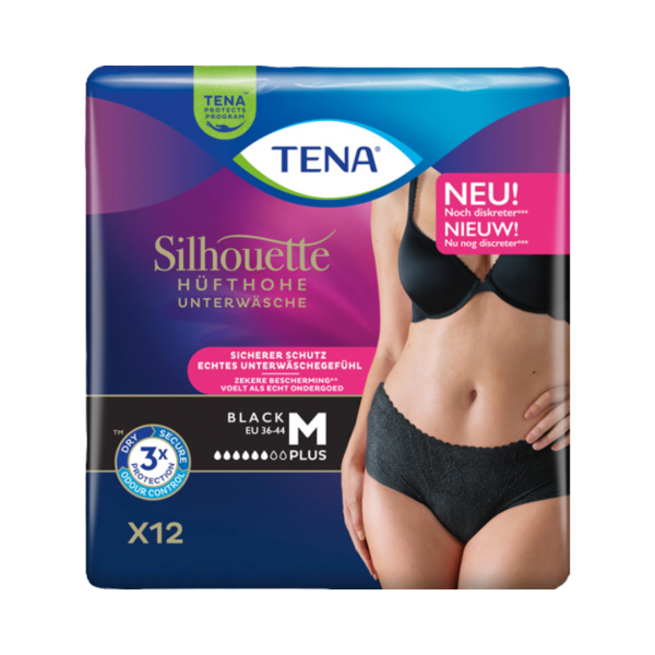 TENA Silhouette Pants Plus Black Größe M (36­44), hüfthohe Unterwäsche, mittlere bis schwere Blasenschwäche, 12 Stück